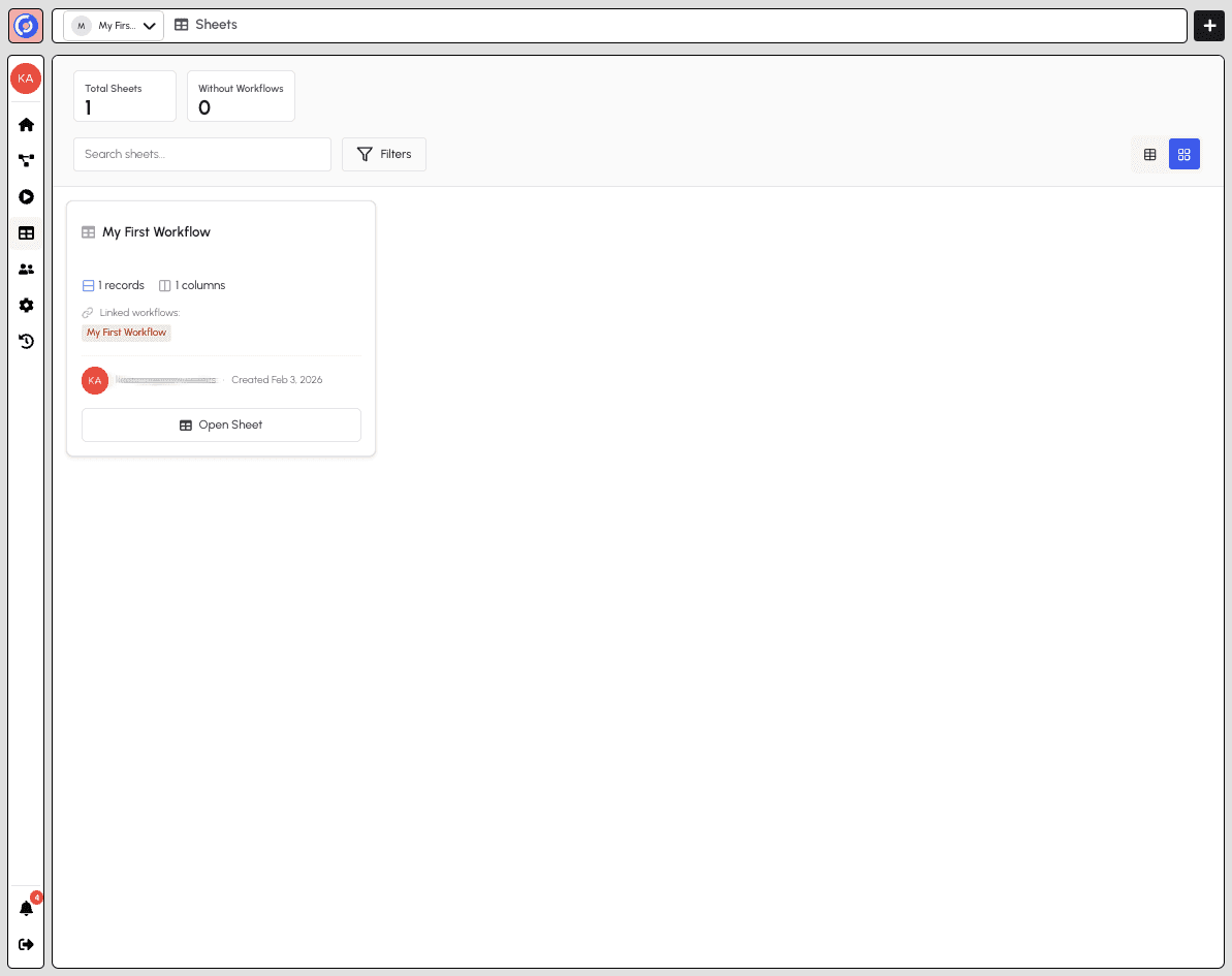 Sheets List Page
