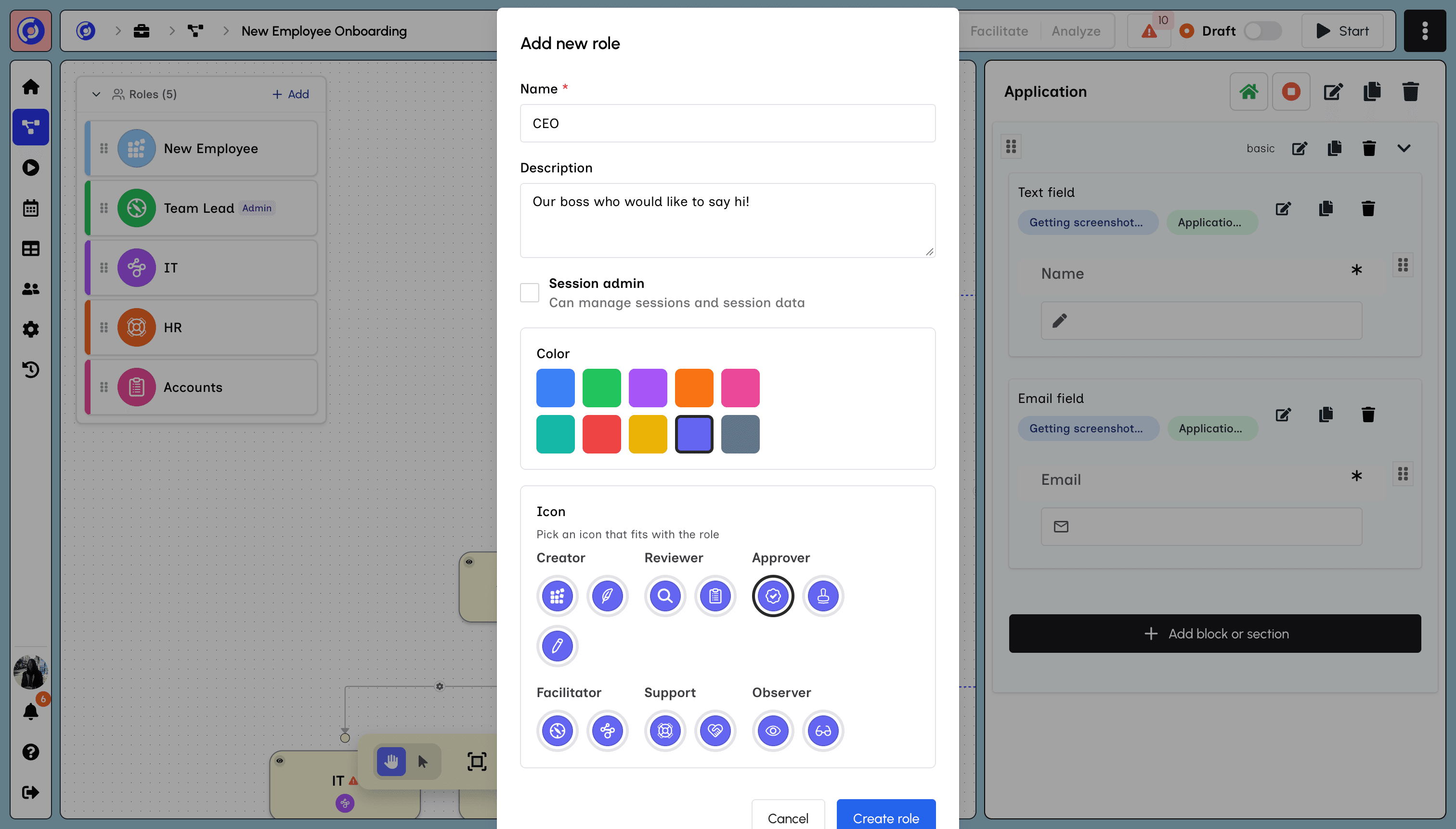Creating a new role with a name, description, color and icon, alongside a list of existing roles.