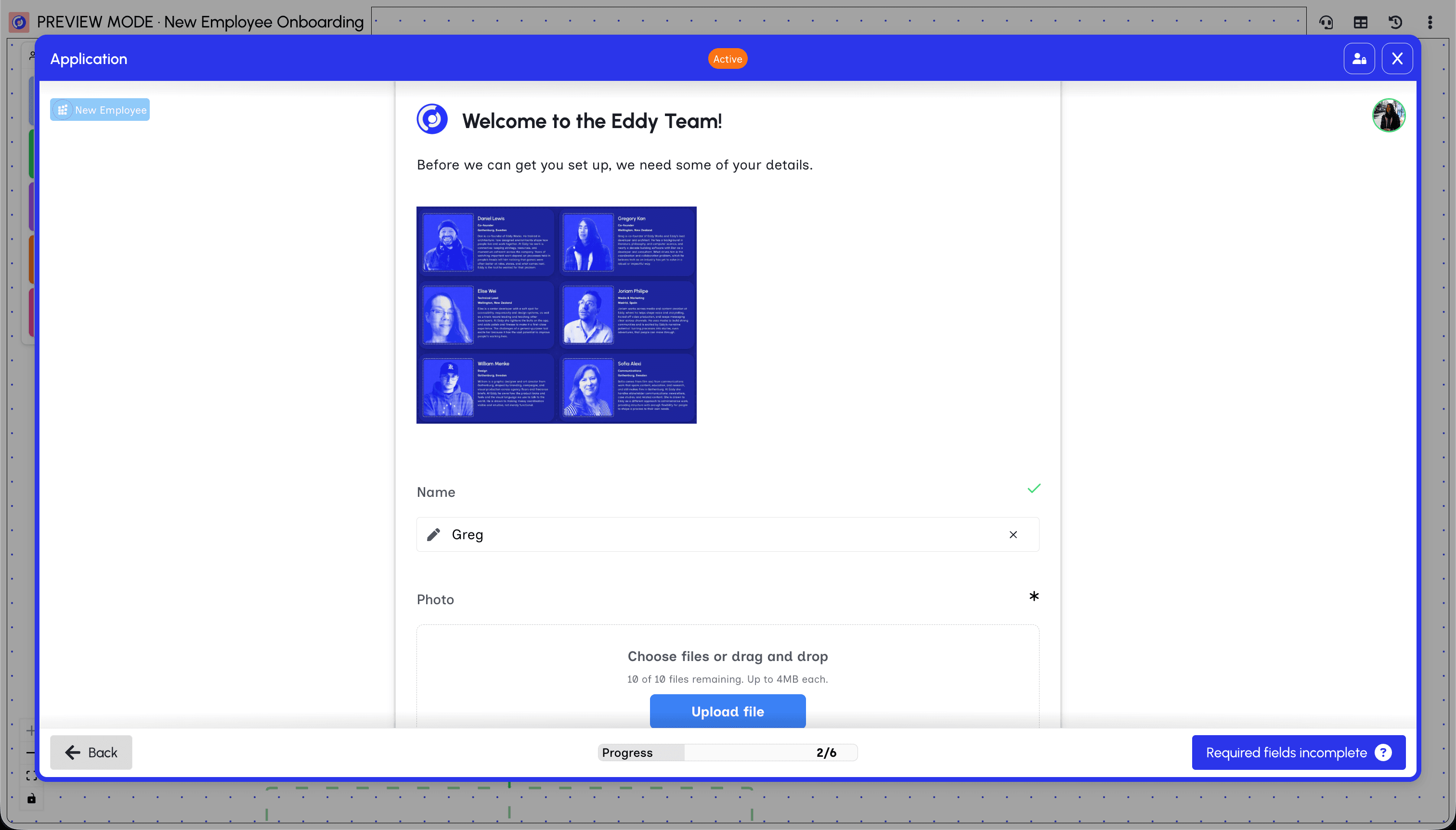 A participant filling in form fields on the Application stage, with a team photo grid and progress bar.