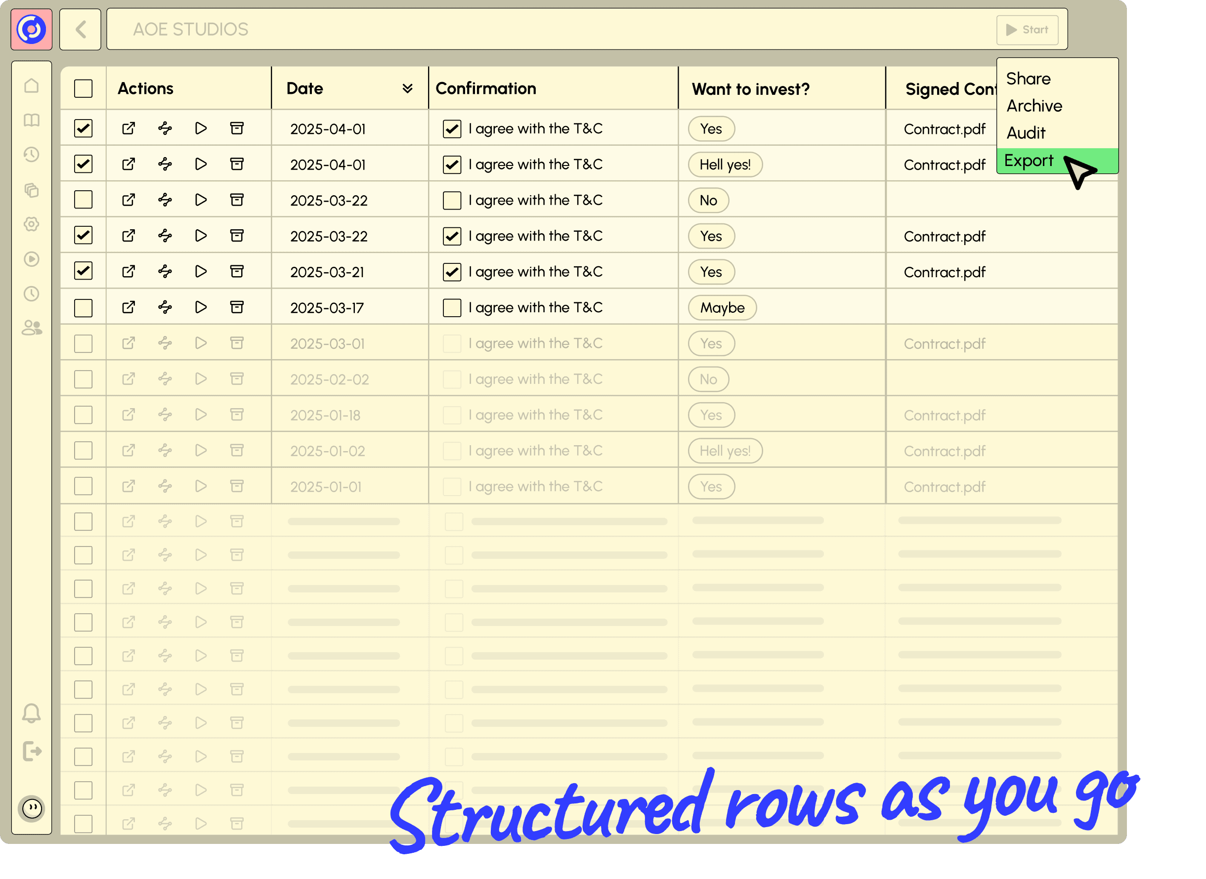 Structured data rows captured as people complete their steps