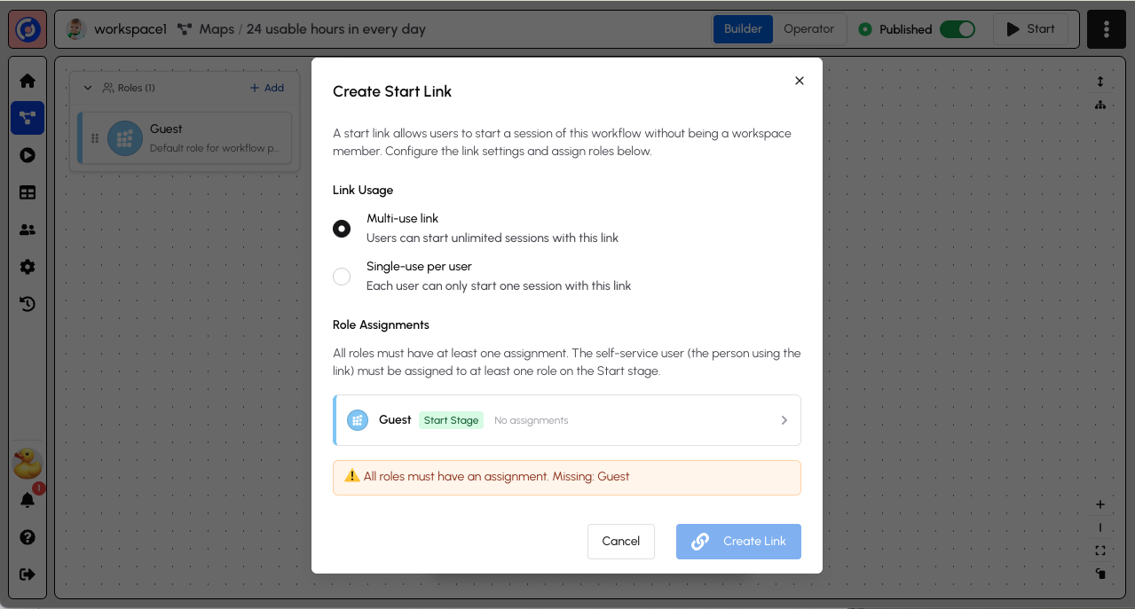 Create Start Link Dialog