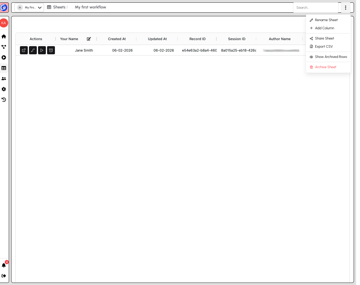 Sheet Options Menu