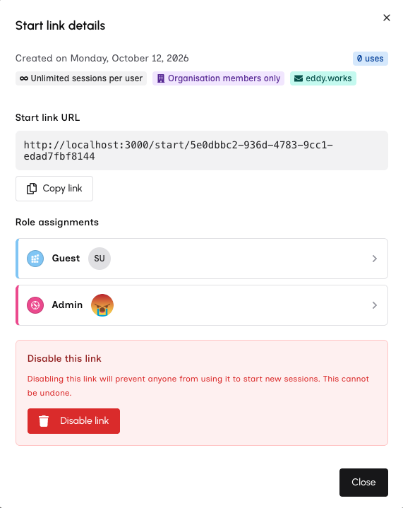 Start Link detail dialog